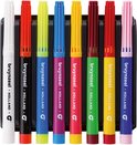 Acht Bruynzeel viltstiften in het zwart, rood, geel, blauw, paars, rood, groen en roze.