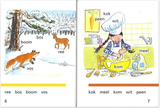 Pagina's 6 en 7 van een kinderboek met illustraties van een vos en ree in de sneeuw, en een meisje dat kookt.