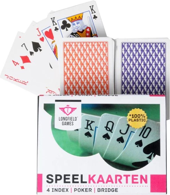 Longfield Speelkaarten 100% Plastic – 2 Sets in Kunststof Doosje – 4 Indexen – Duurzaam Kaartspel voor Gezelschapsspellen & Familiespel