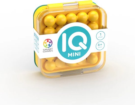 Gesloten geel IQ Mini spel met gele balletjes binnenin en 'IQ MINI' logo.