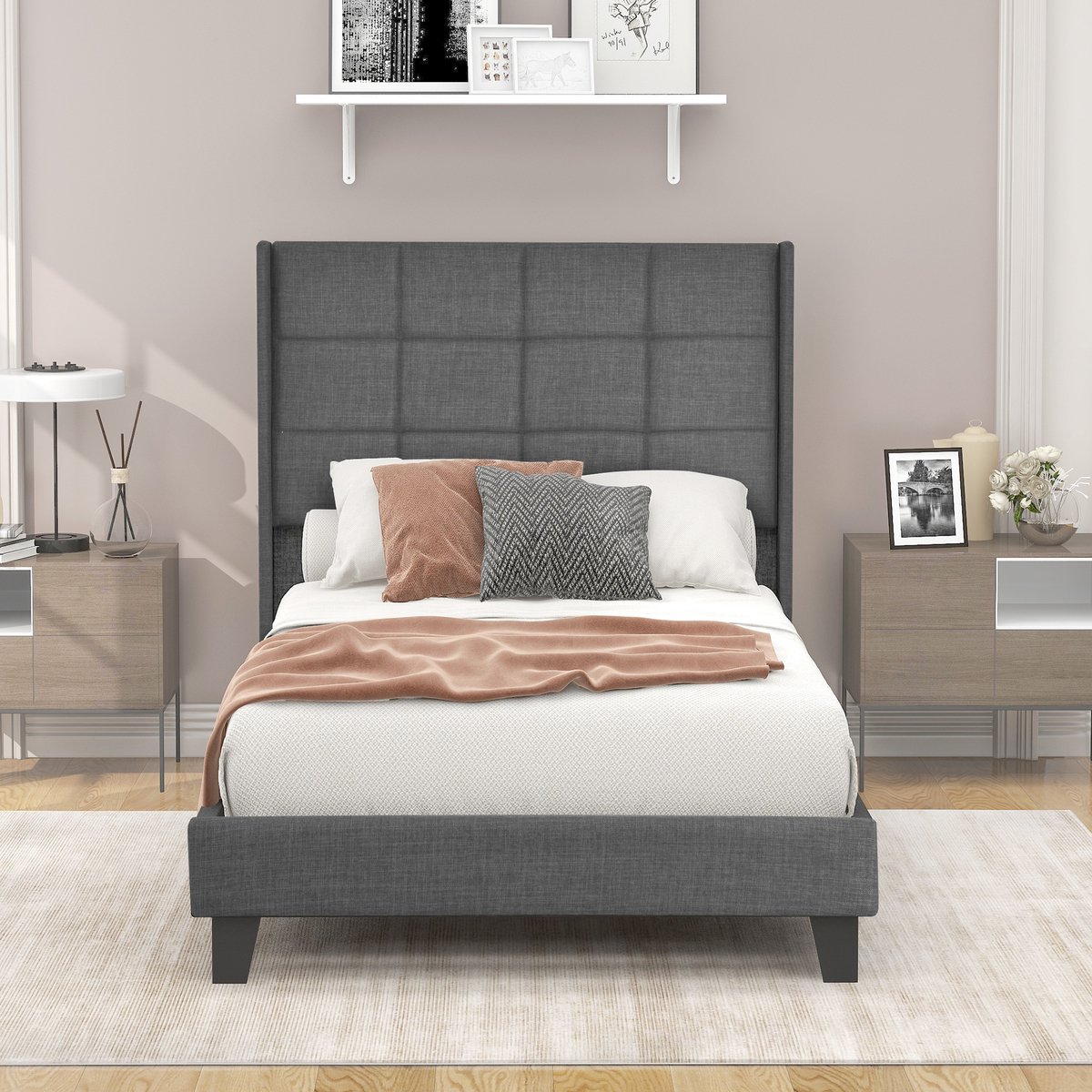 KOMHTOM Eenpersoonsbed 90x200 cm Bed voor volwassenen gestoffeerd bed linnen Grijs
