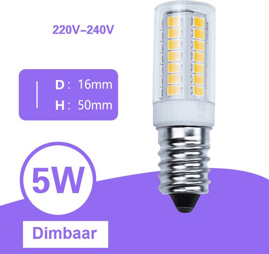Dimbaar E14 lamp met zilverkleurige fitting, helder glazen omhulsel met gele LED's. Afmetingen D: 16mm, H: 50mm. Vermogen 5W.