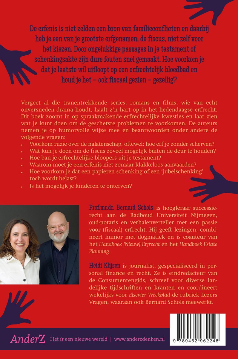 Achterkant boek "Voorkom ruzie bij de kist" met tekst, afbeeldingen van een man en vrouw en handen.