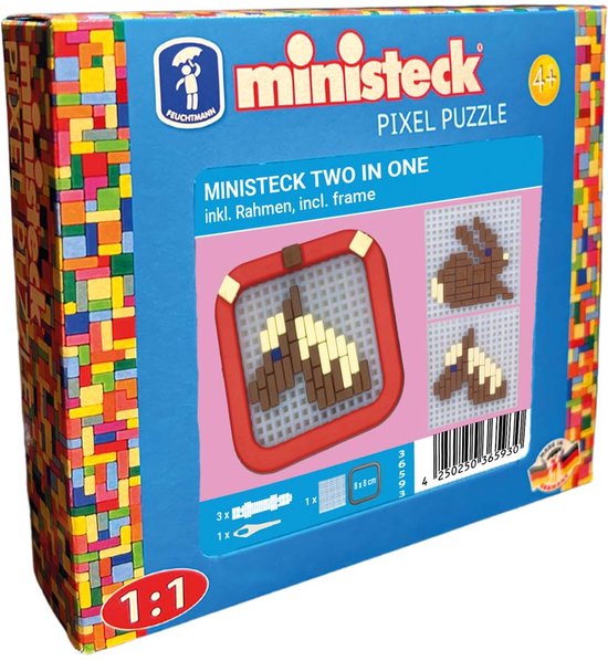 Ministeck Pixel Puzzle Two in One met 2 voorbeelden: een paard en een konijn. Inclusief frame.