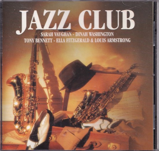 Saxofoons, zwarte hoed en koffer op een bruine achtergrond, met de titel 'Jazz Club'.