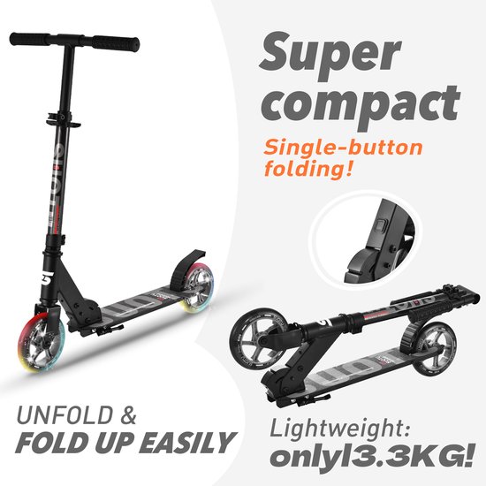 Suotu Kinderstep - 145mm Lichtgevende Wielen - Step - Speelgoed Jongens/Meisjes - Max stuurhoogte: 85 cm - Aluminium - Zwart