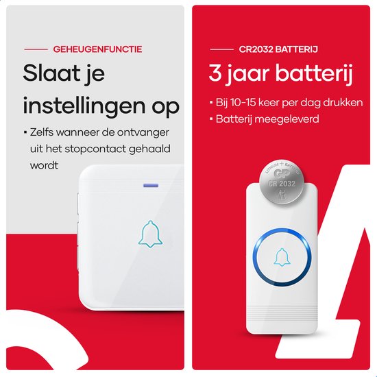 SAVS Draadloze deurbel met 2 ontvangers - Wit - Bereik 400 meter - Waterdicht - Ontvangers zonder batterijen - 52 melodieën — afbeelding 3