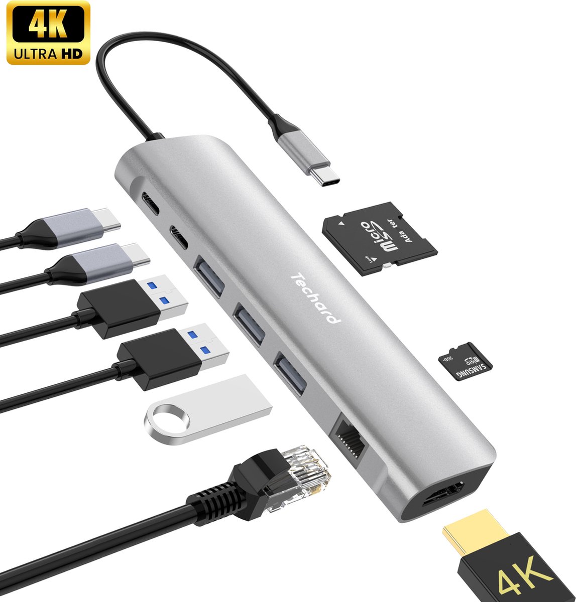 Techard USB-C-Hub 9-in-1 Docking Station USB Splitter Laptop - 4K HDMI - USB-A - USB-C 100W - Ethernet - (Micro) SD - 2026 Model