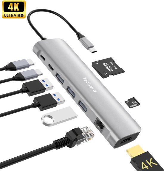 Foto: Techard usb c hub 9 in 1 docking station usb splitter laptop 4k hdmi usb a usb c 100w ethernet micro sd geschikt voor laptop macbook windows