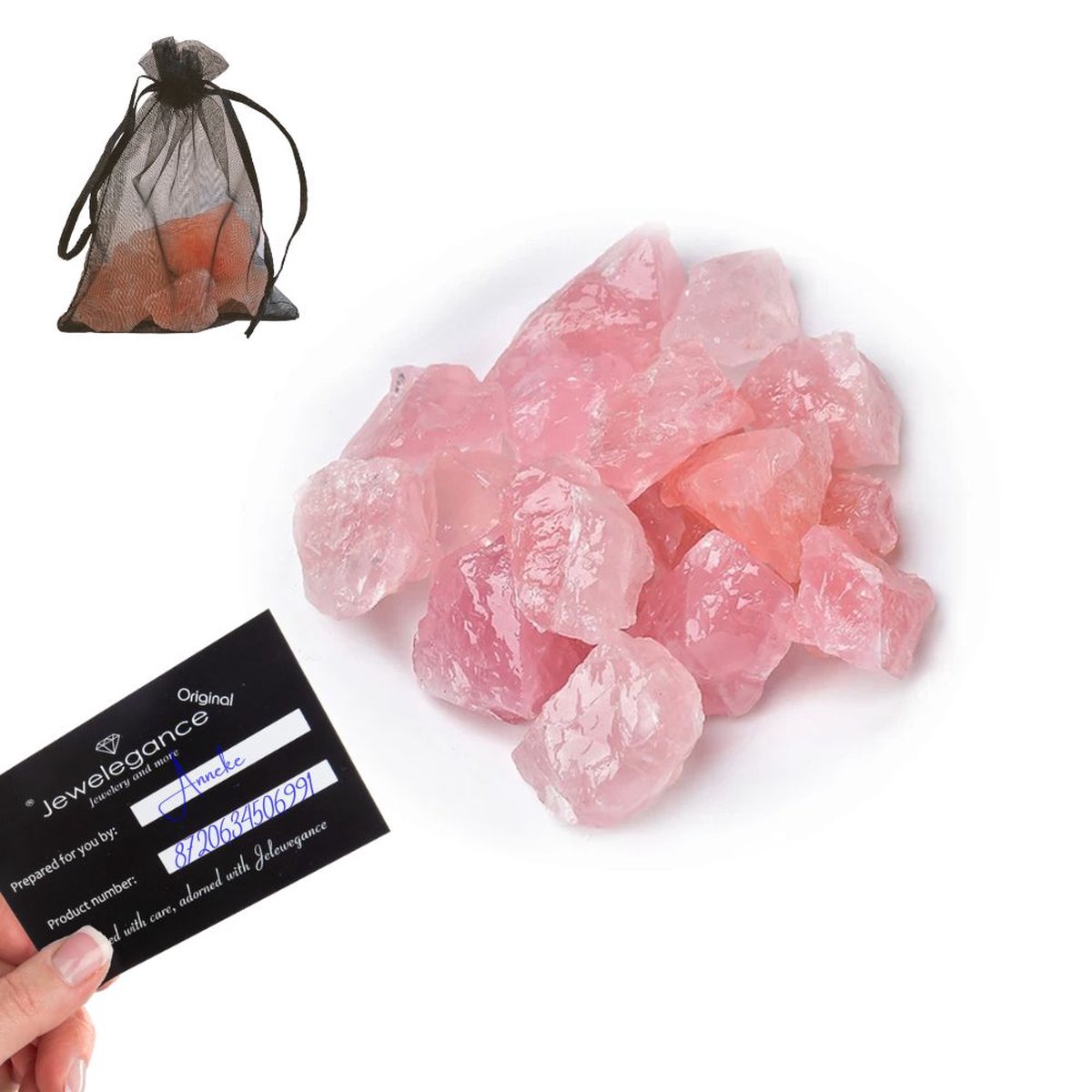Edelsteen Ruwe Rozenkwarts 3 stuks - verpakt in organza zakje
