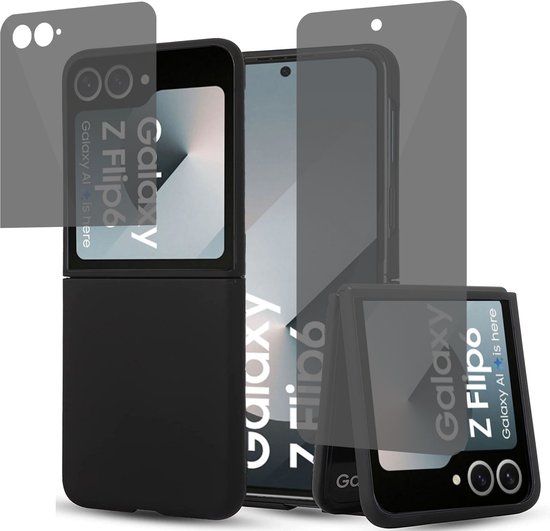 Hoesje + Privé Screenprotector geschikt voor Samsung Galaxy Z Flip 6 / Flip 7 FE – Privacy Folie - Liquid Back Case Cover Zwart