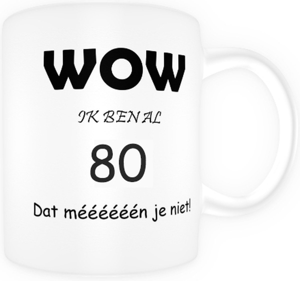 Mok beker met tekst Wow ik al 80. Dat meen je niet. Verjaardag cadeau. 300 ml.