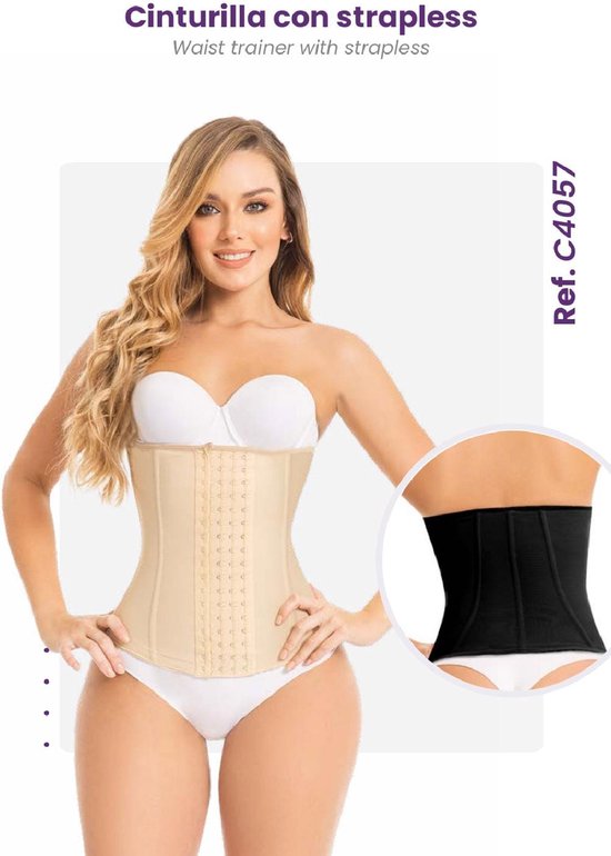 Model in beige, strapless, rugverstevigende tailleband. Inzet toont zwarte tailleband.