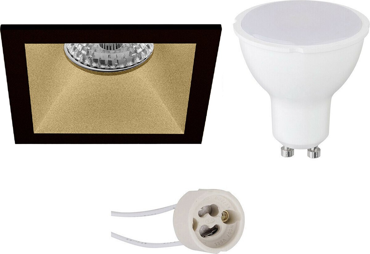 LED Spot Set - Pragmi Pollon Pro - GU10 Fitting - Inbouw Vierkant - Mat Zwart/Goud - 4W - Warm Wit 3000K - Verdiept - 82mm