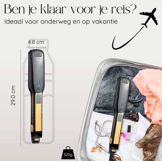Dimensions d'un fer à lisser Sansbeauté (29x4,8 cm, 320g) et d'un fer à lisser dans une valise.