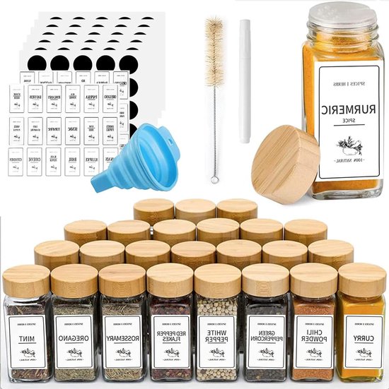 ComSaf Glazen Kruidenpotjes Vierkant, 12 x 120 ml, Kruidenpotjes met Bamboe Deksel, Luchtdichte Kruidenpotjes met 54 Etiketten, voor Kruiden