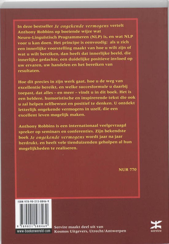 Boekomslag met tekst over 'Je ongekende vermogens' door Anthony Robbins. ISBN nummer en uitgever details.