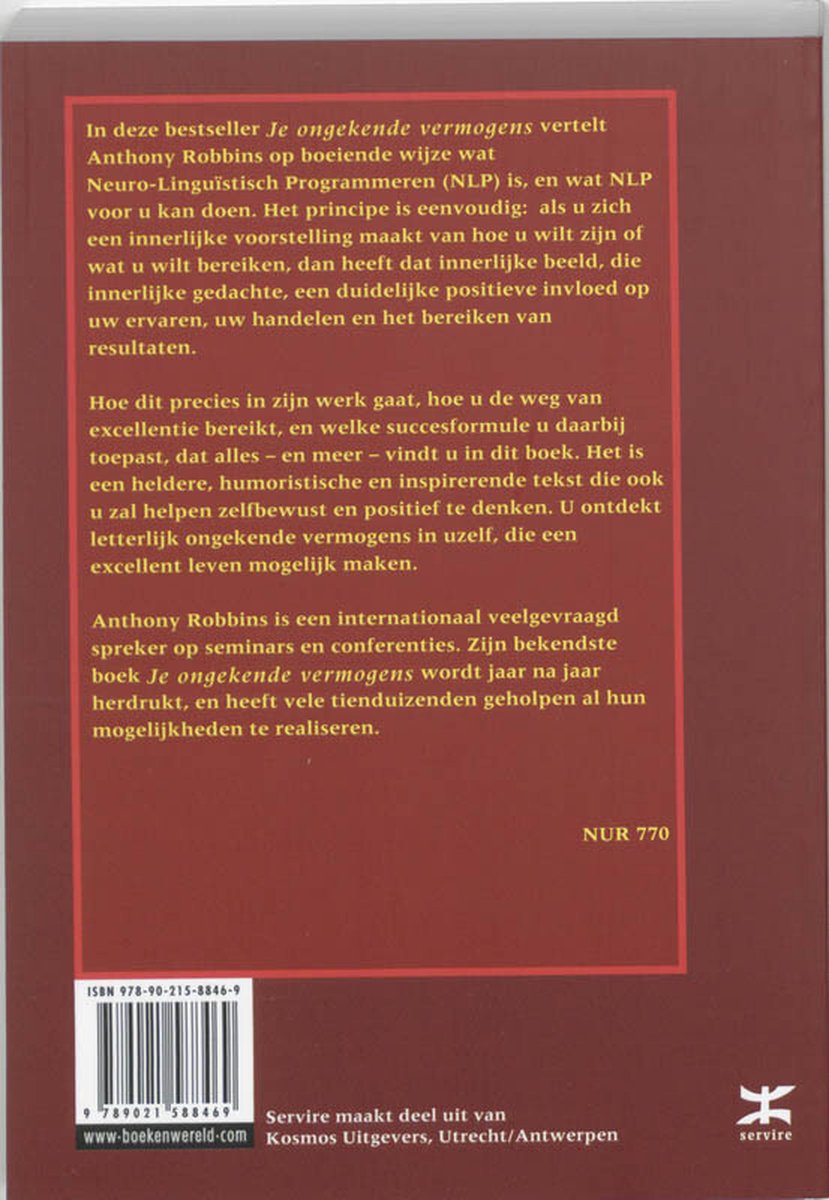 Boekomslag met tekst over 'Je ongekende vermogens' door Anthony Robbins. ISBN nummer en uitgever details.