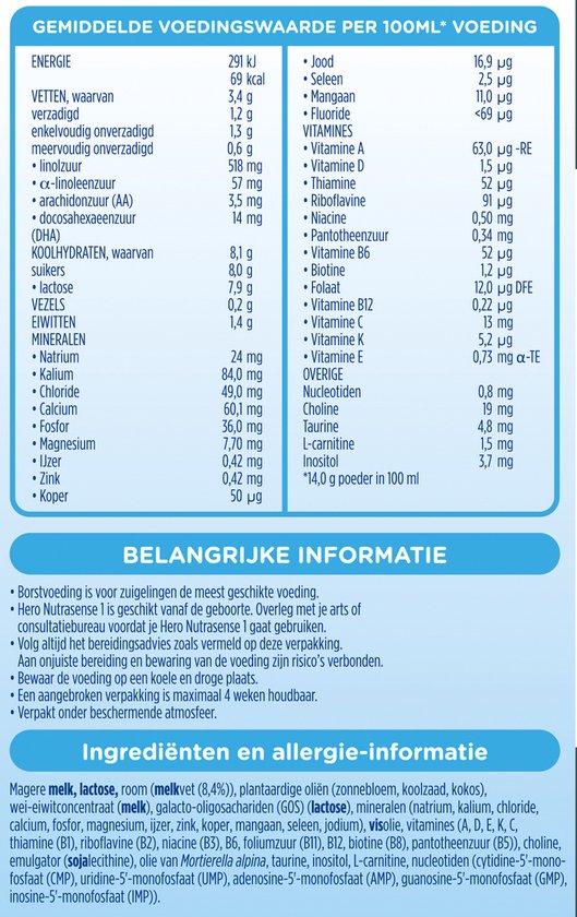 Hero Nutrasense Classic 1 (0-6 Maanden) - Flesvoeding - Zuigelingenvoeding - met Melkvet - Palmolievrij - 3 x 700 gram
