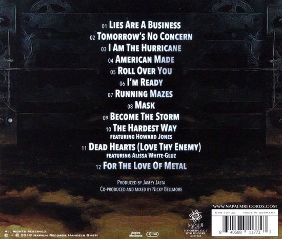 Achterkant van de "For the Love of Metal" CD van Dee Snider met tracklist en website.