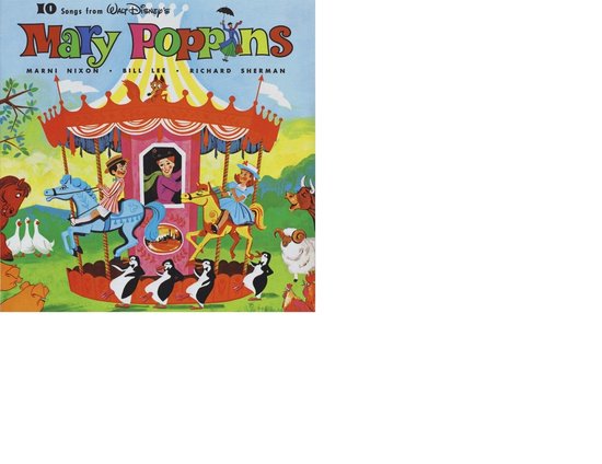 Albumhoes met Mary Poppins, kinderen en dieren op een draaimolen, met de titel '10 Songs from Walt Disney's Mary Poppins'.