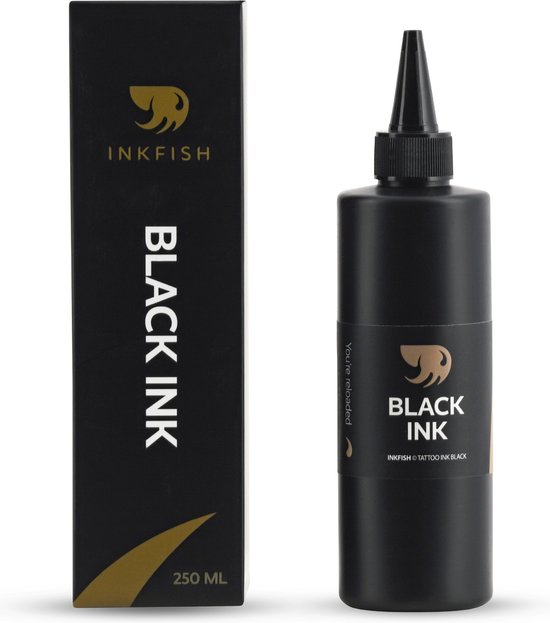 Foto: Inkfish professionele zwarte tattoo inkt 250 ml geschikt voor tattoo machine stick and poke en mensenhuid te gebruiken met naalden cartridges needles verzorging zwart