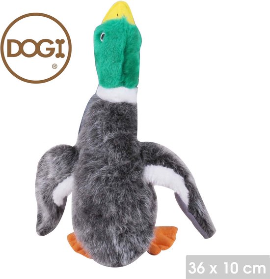 Speelgoed eend met groene kop, grijze vacht, witte vleugels en "DOGI" logo. Afmeting 36 x 10 cm.