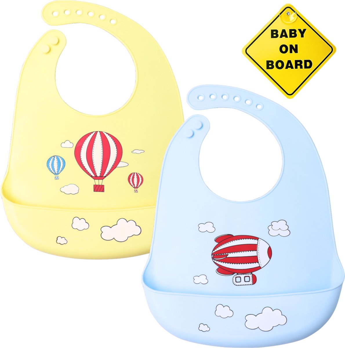 Goedkoopste Flouer Siliconen Slabbetje – Met Opvangbakje – Verstelbaar en Waterdicht – BPA-vrij - Geel en Blauw