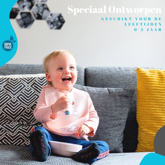 Bavoir en Siliconen Flouer avec plateau 2 pièces avec autocollant Bébé à bord - bavoir - bavoirs Bébé - bavoir - Bavoirs Bébé - sans BPA - jaune et Blauw