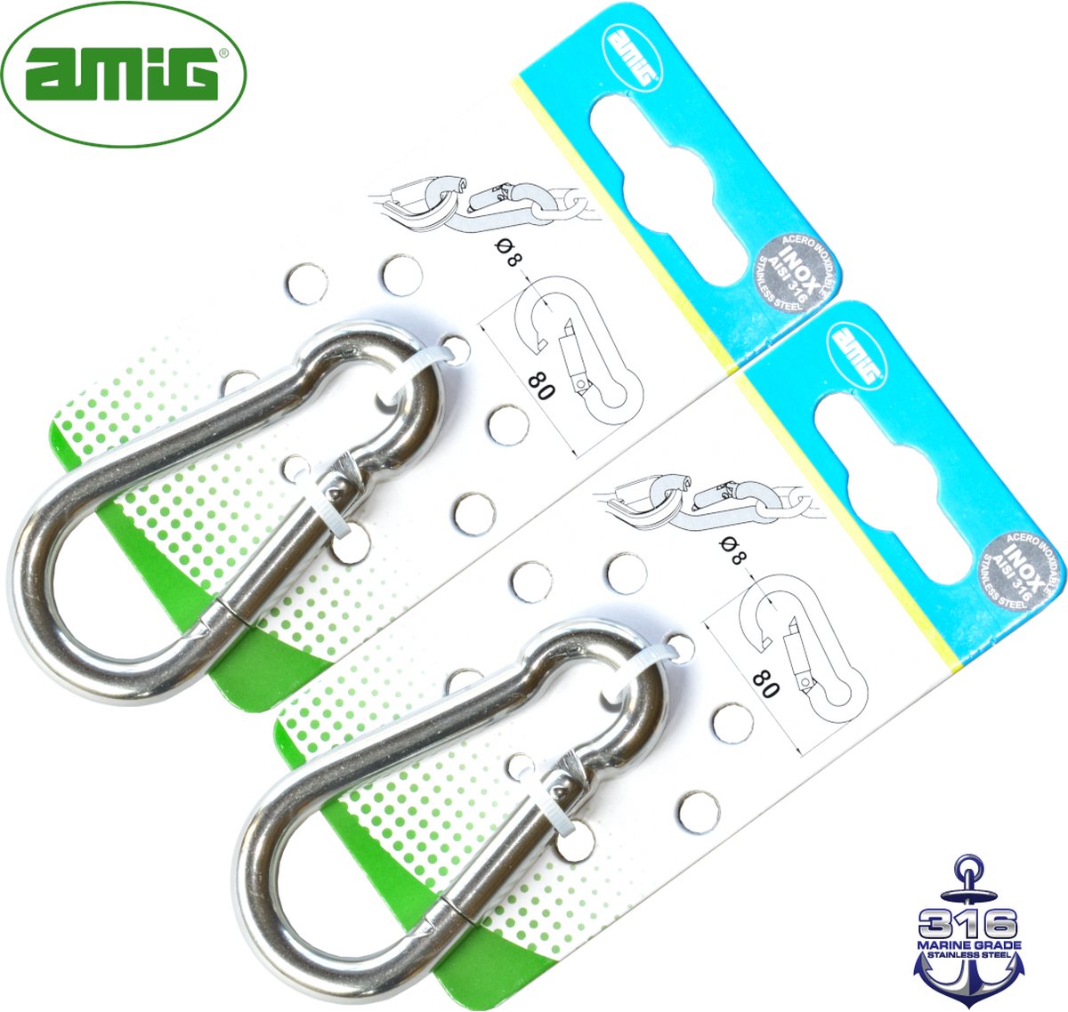 AMIG Professionele Karabijnhaak Set 8x80mm - RVS 316 - Veersluiting - 2 Stuks