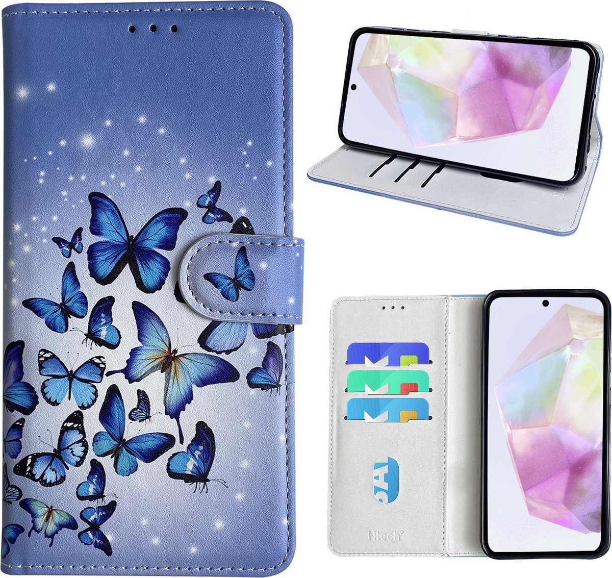 Hoesje geschikt voor Samsung Galaxy A35 Bookcase met Blauw vlinder print