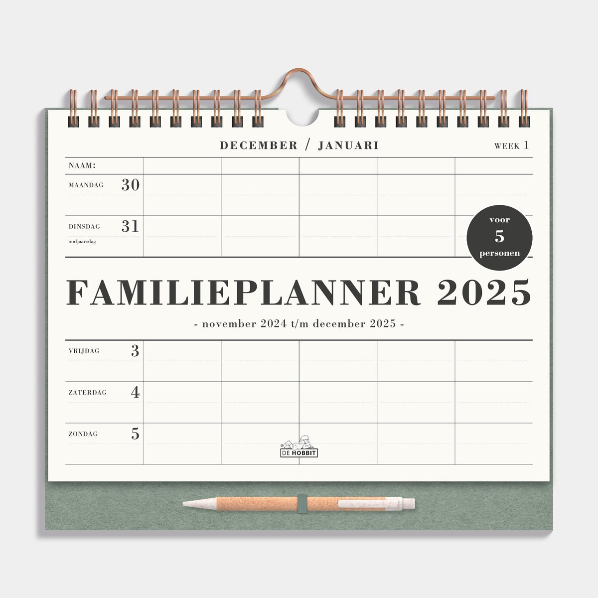 Hobbit - Familieplanner 2025 - Familiekalender - Weekkalender - 5 personen - met pen - A4+ (22 x 29,7 cm) - Groen - 2025 op Prijzenvolger.com