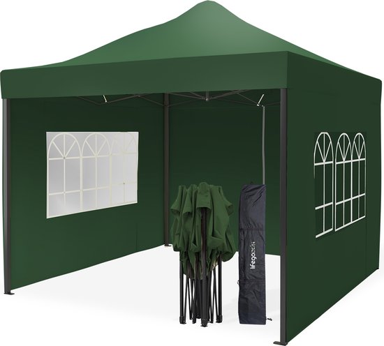 LifeGoods Partytent - 3x3 m - Zijwanden - Easy Up - Paviljoen - Opvouwbaar - Waterdicht - Draagtas met Wieltjes - Donkergroen
