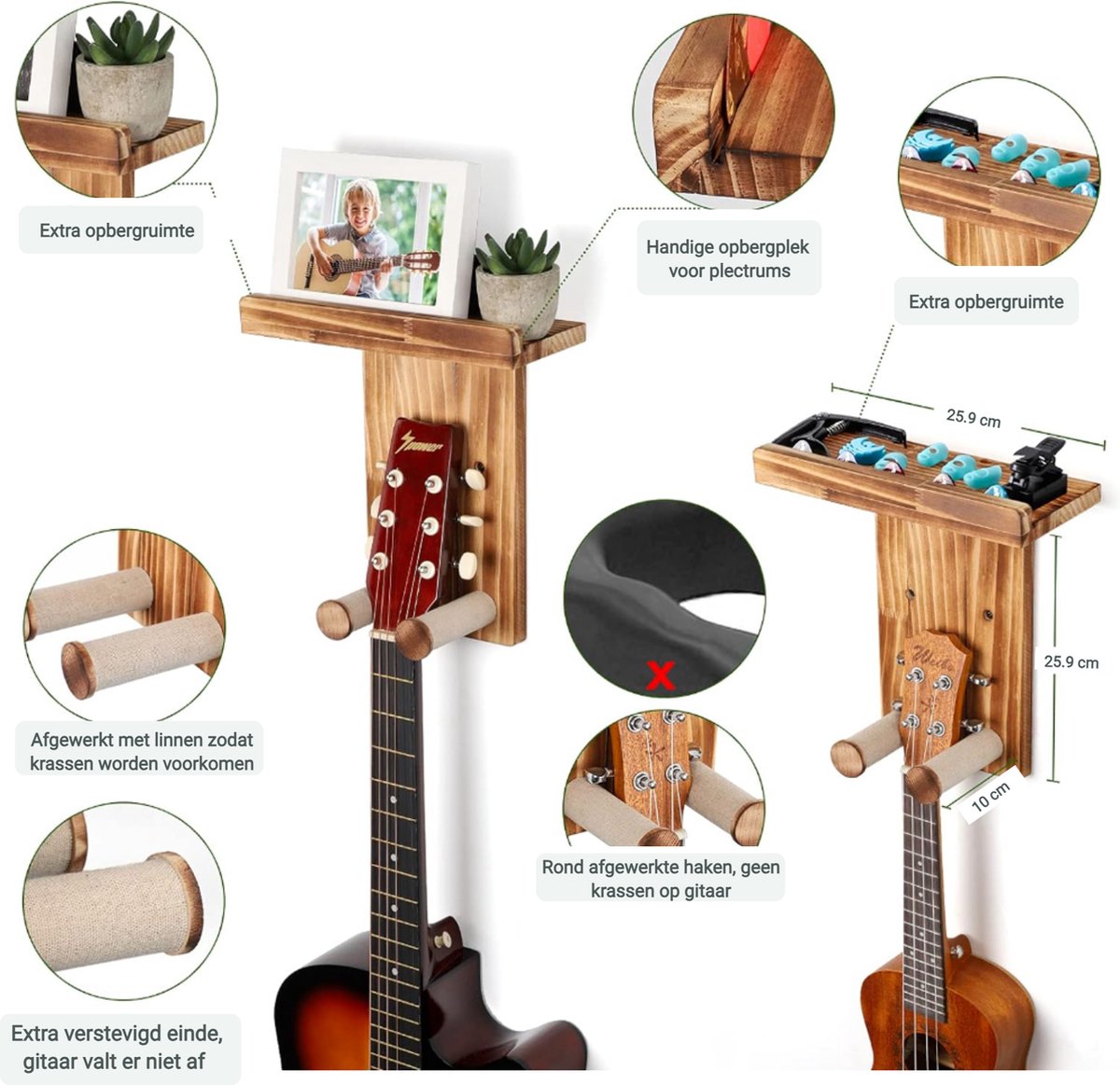 Support Guitare Mural Avec Étale - 3 Crochets + Grande Étale - Bois Et Métal - Pour Guitare, Basse, Ukulélé