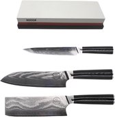 Sumisu Knives - Japanse messenset 3-delig incl. slijpsteen - Black collection - 100% damascus staal - Hobbykok messenset - Geleverd in luxe geschenkdoos