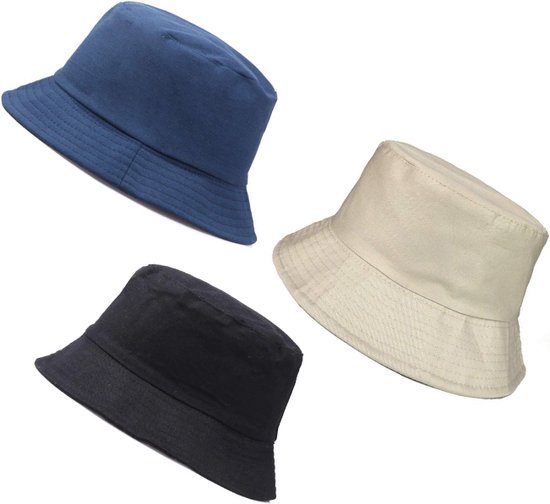 3-Set Bucket Hats ASTRADAVI - vissershoedje - zonnehoedje - 100% Katoenen Emmer Hoeden voor Dames & Heren. Zwart, Marineblauw, Beige (3 Stuks)