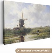 Canvas - Schilderij Molen - Polderlandschap met molen bij Abcoude - Willem Roelofs - Oude meesters - Kunst - 180x120 cm - Wanddecoratie - Woonkamer