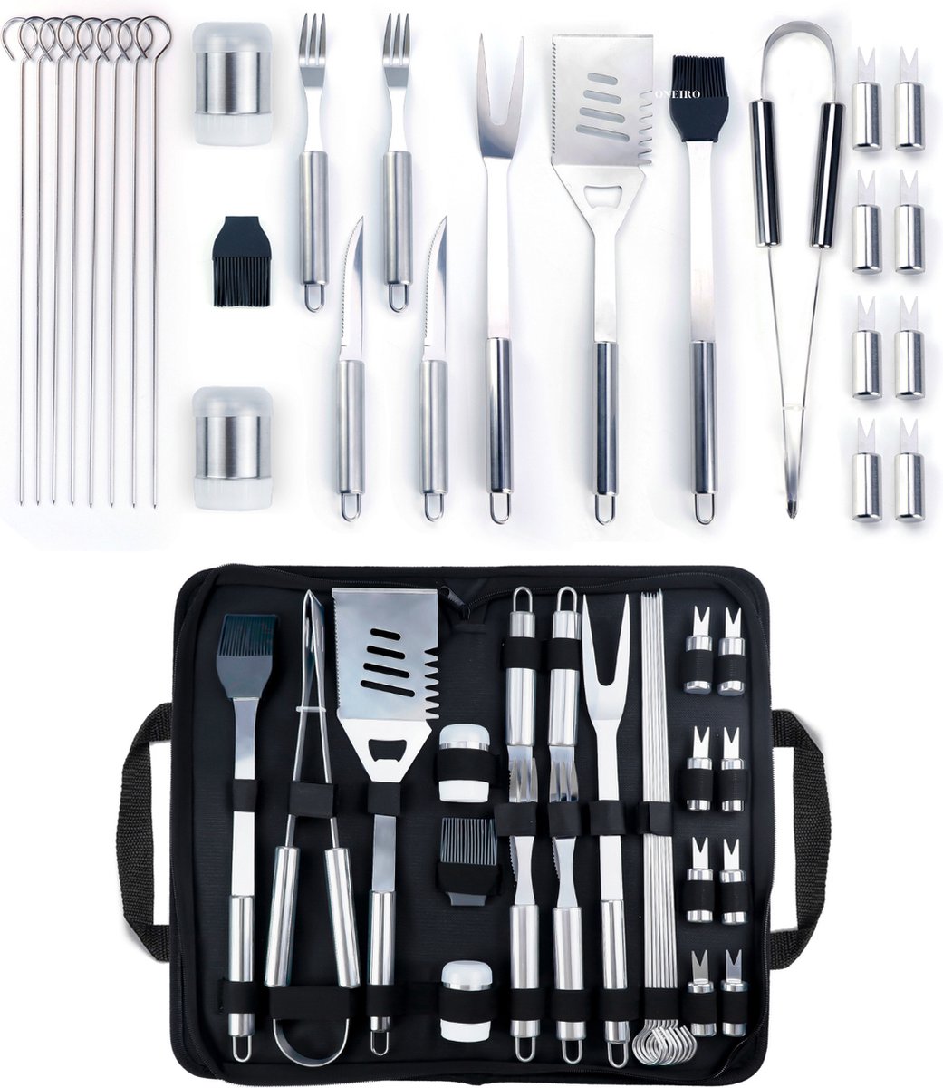 Oneiro 's 27-Delige Luxe BBQ Gereedschap Accessoires Set + Opbergtas Barbecue Gereedschapset Tangenset Accesoires Roestvrij Staal zomer BBQ koken tafelen