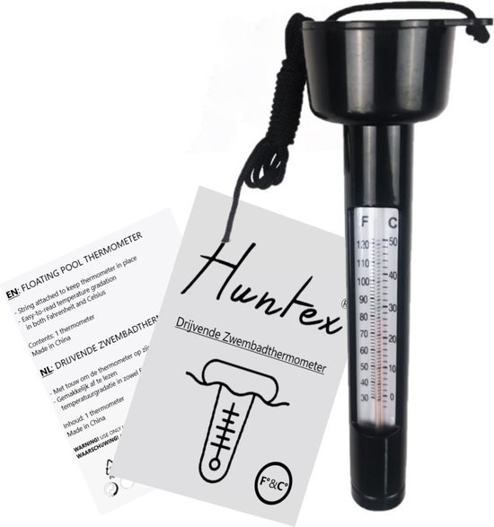Huntex Waterthermometer - Staafthermometer - Voor Zwembad Jacuzzi Bad - Drijvende Thermometer - Vijver Thermometer - Zwembad verwarming - Thermometer buiten binnen - Zwart