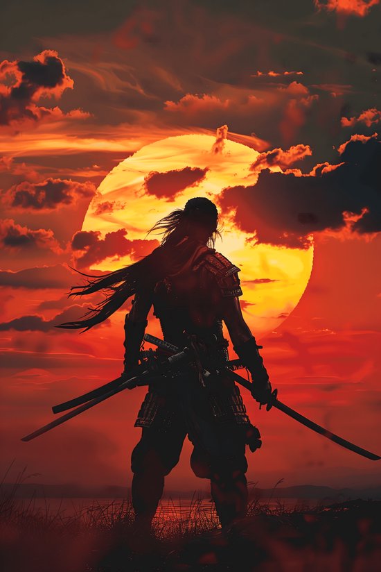 Samouraï au coucher du Samurai Poster | Coucher de soleil Poster | Affiche de samouraï | Affiche orientale | Affiche japonaise | Affiche élégante | 51x71cm | MT | Décoration murale | Affiche murale | Convient pour l'encadrement