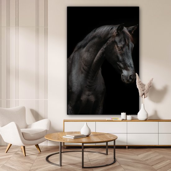 Canvas schilderij 120x180 cm - Wanddecoratie Paard - Dier - Zwart - Muurdecoratie woonkamer - Slaapkamer decoratie - Kamer accessoires - Schilderijen op canvas