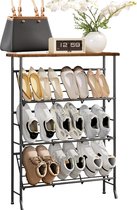 Schoenenrek - voor entree Schoenenrek met 4 niveaus - Smeedijzeren metalen schoenenrek met houten bovenbord Rustieke zwarte schoenenplank - Opbergorganizer voor entree - Geschikt voor 12-16 paar schoenen