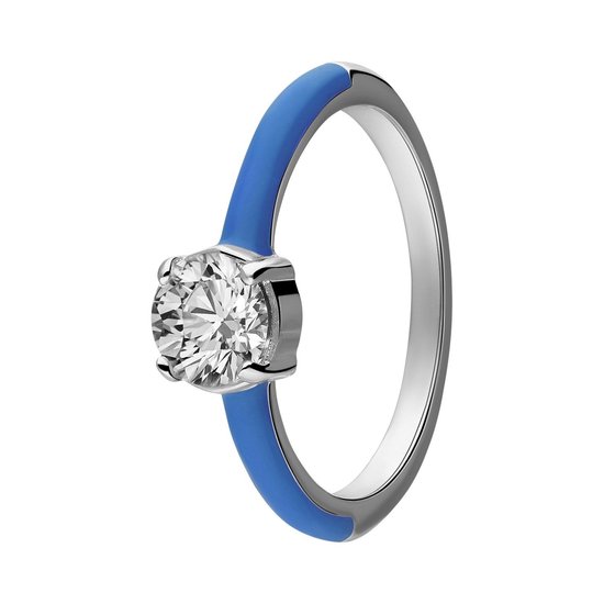 Lucardi Dames Stalen ring met blauwe emaille&zirkonia - Ring - Staal - Zilver - 16 / 50 mm