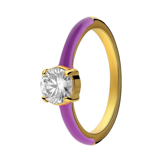 Lucardi Dames Stalen goldplated ring met paarse emaille en zirkonia - Ring - Staal - Goud - 17 / 53 mm