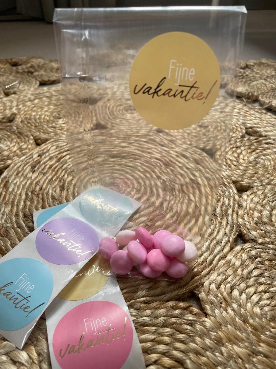 30 Kruisbodemzakjes / Traktatie zakjes / Blokbodemzakken + 30 XL stickers Fijne vakantie! 5assorti - Pastel kleuren | School traktaties - Vakantie - Cellofaan zakjes - Transparant - Snoep | Peuterspeelzaal - Kinderopvang - Basisschool | DH collection