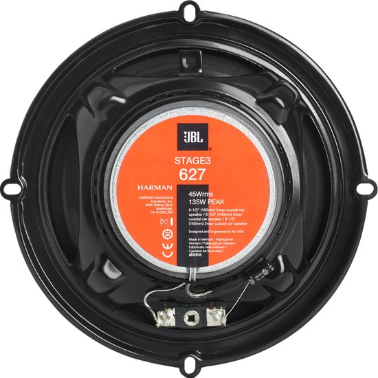 Achterkant van een JBL Stage3 627 luidspreker met oranje label waarop specificaties staan vermeld.