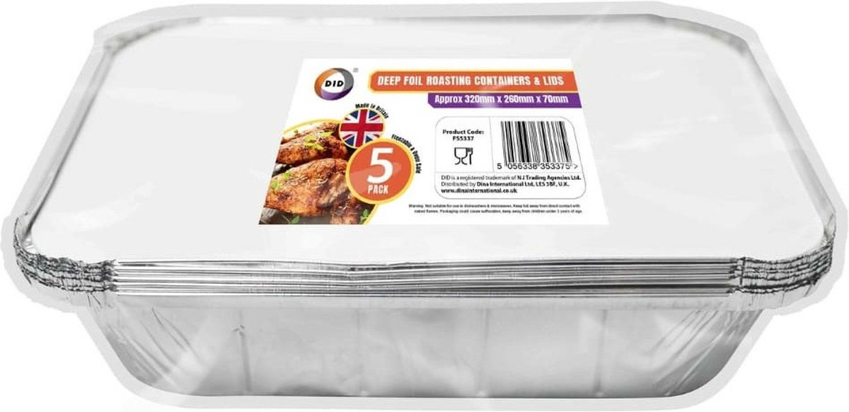 DID Meal prep voedsel bewaar bakjes - Aluminium - 5x - 32 x 26 x 7 cm - met deksel