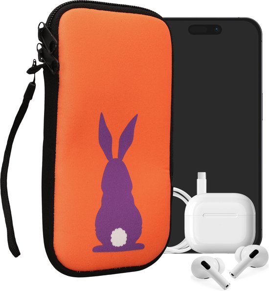 Pochette orange avec silhouette de lapin violet, à côté d'un smartphone et d'écouteurs.