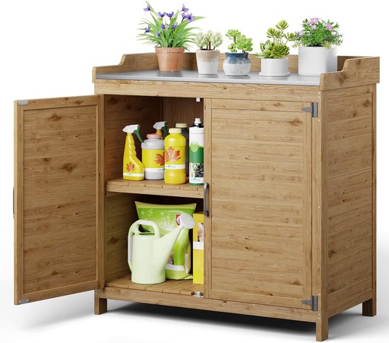 Plantentafel met laden en onderkast, tuintafel, dennenhout
