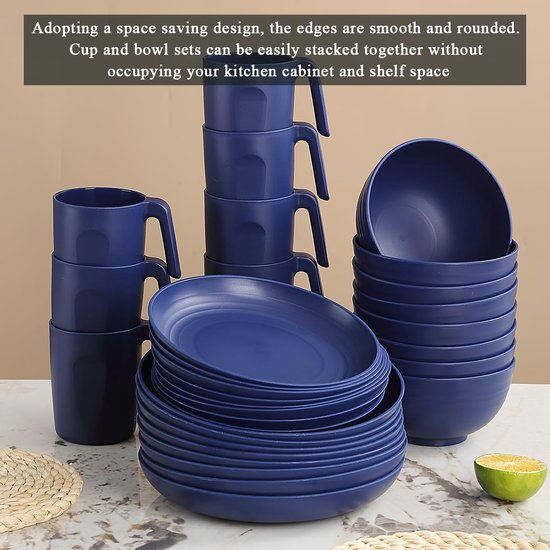 Berglander Plastic servies sets 24pcs service voor 6, IT kleur herbruikbare borden en kommen sets, schotel set omvatten diner borden, dessert bord, ontbijtgranen kommen, kopjes